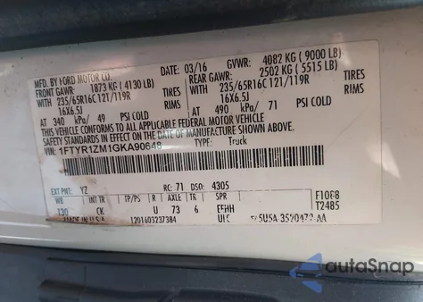 2016 Ford Transit-250 from USA, damaged, VIN 1FTYR1ZM1GKA90648